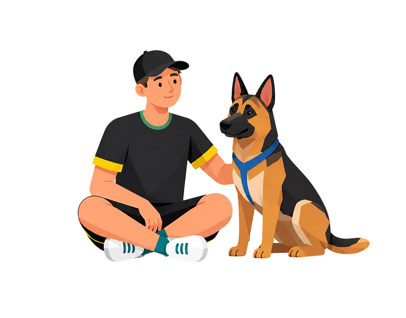 A person sitting beside a dog